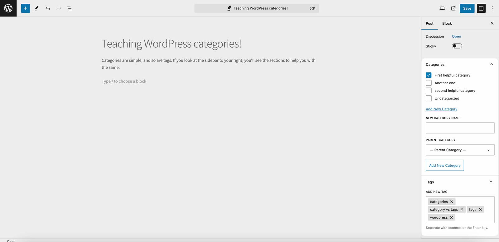 Setting categories and tags in wordpress post editor